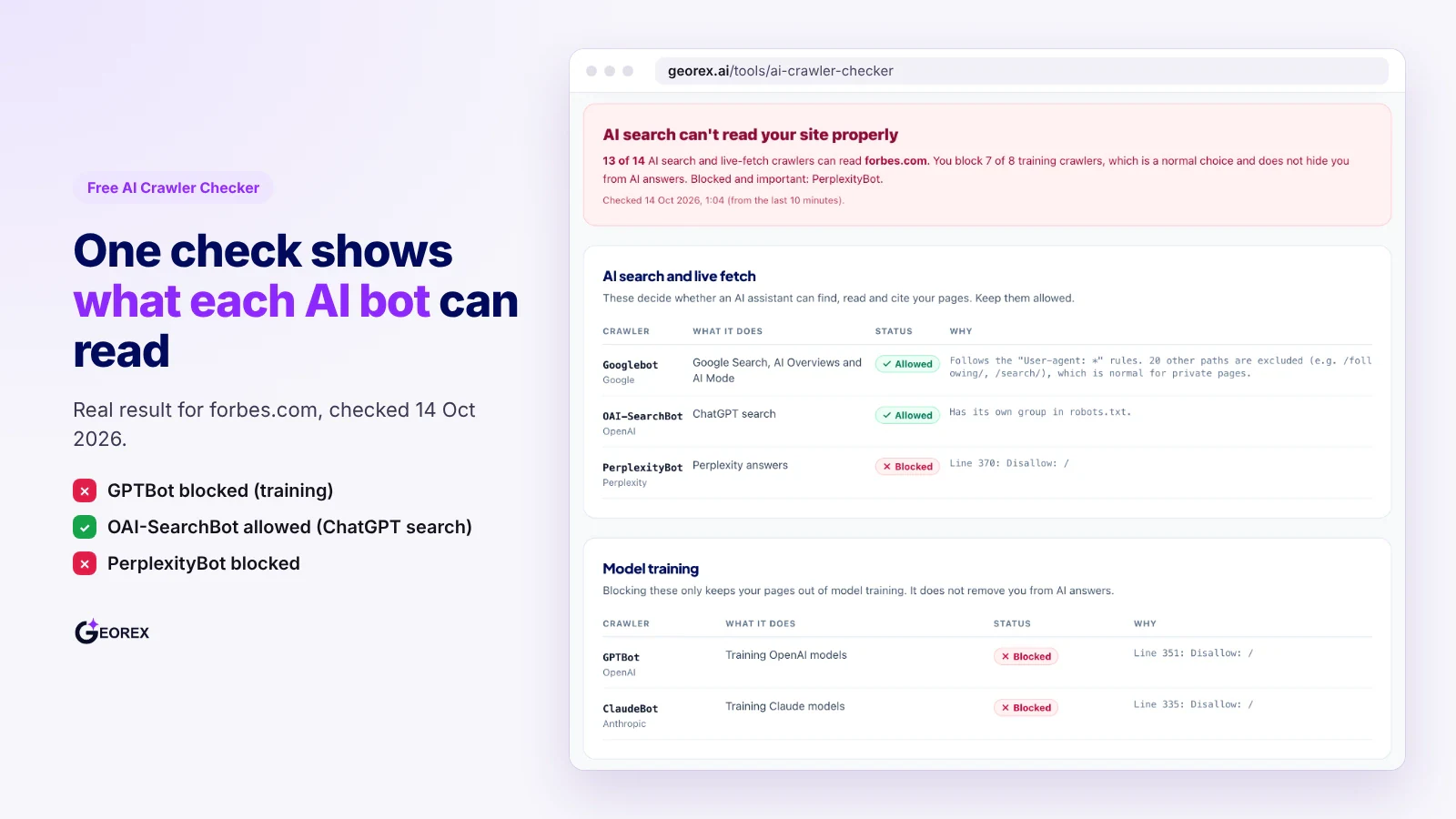 GEOREX AI free AI Crawler Checker showing which AI crawlers a site's robots.txt allows or blocks