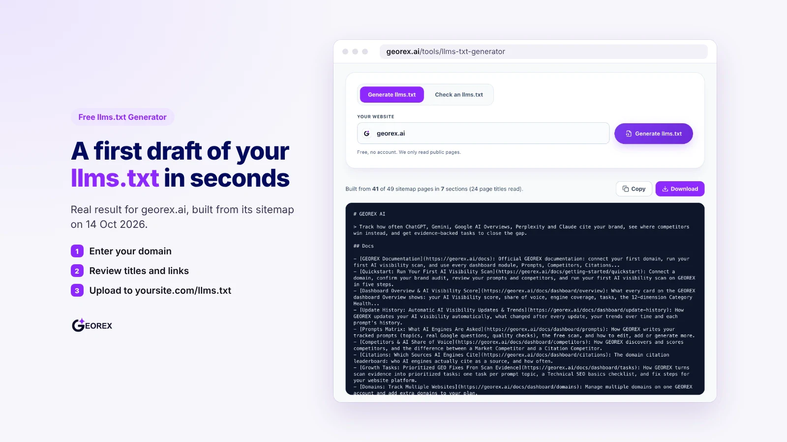 GEOREX AI free llms.txt Generator showing a generated llms.txt file